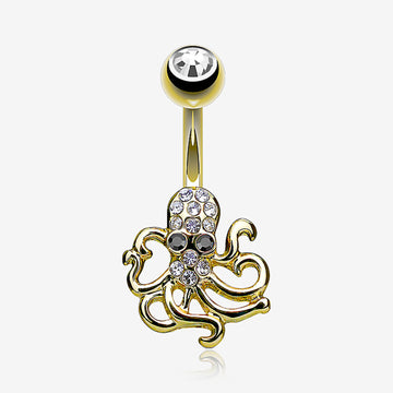 Golden Evil Octopus Sparkle Belly Button Ring-Clear Gem